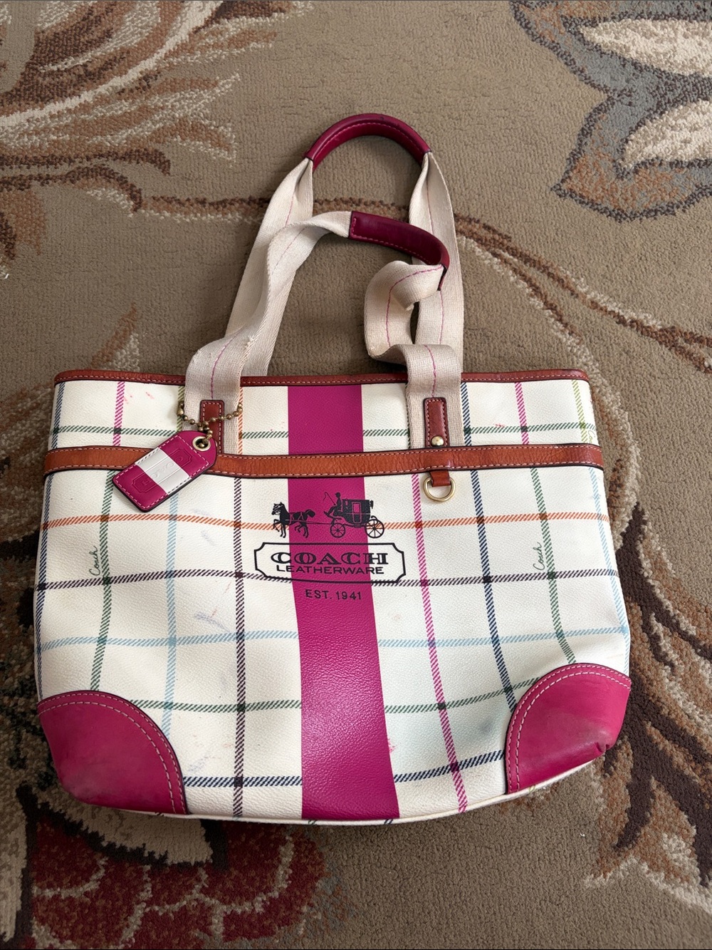 Coach Cream Canvas Tote with Pink Stripe and Brown Trim